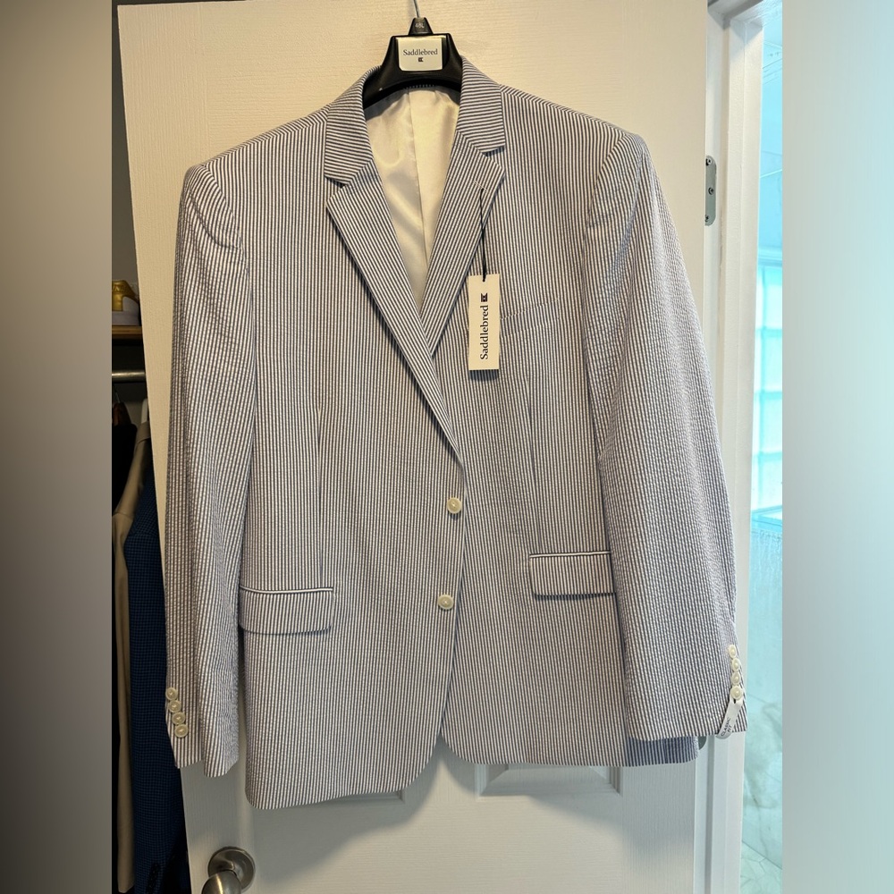 Saddlebred NWT Men’s seersucker blue & white striped blazer